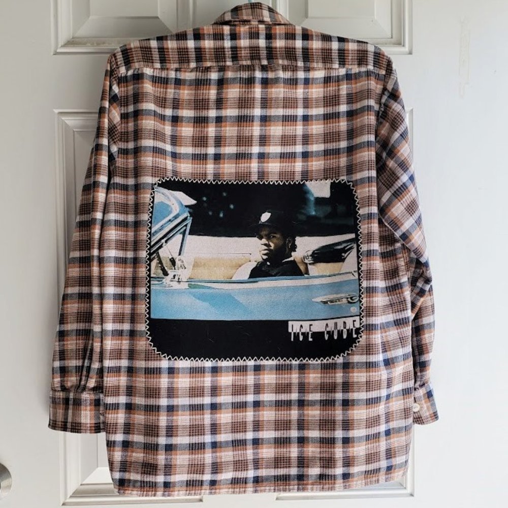 Upcycled Flannel Shirt ICE CUBE Music Rapper Graphic Tee on Back